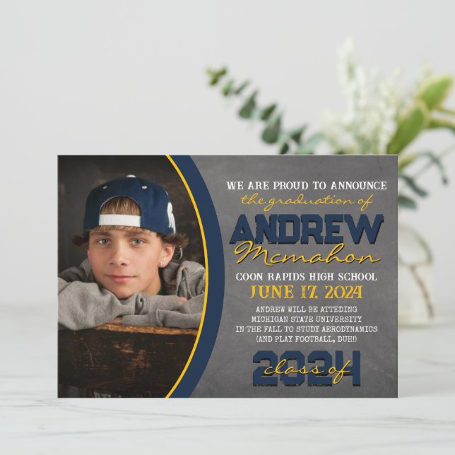 Navy and Gold Chalkboard Graduation Announcement (Standing Front)