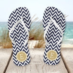 Navy and Gold Chevron Monogram<br><div class="desc">Custom printed flip flop sandals with a stylish modern chevron pattern and your custom monogram or other text in a circle frame. Click Customise It to change text fonts and colours or add your own images to create a unique one of a kind design!</div>