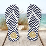 Navy and Gold Chevron Monogram Jandals<br><div class="desc">Custom printed flip flop sandals with a stylish modern chevron pattern and your custom monogram or other text in a circle frame. Click Customise It to change text fonts and colours or add your own images to create a unique one of a kind design!</div>