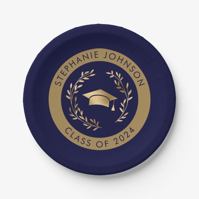Navy and Gold Class of 2024 Graduation Party Paper Plate (Front)
