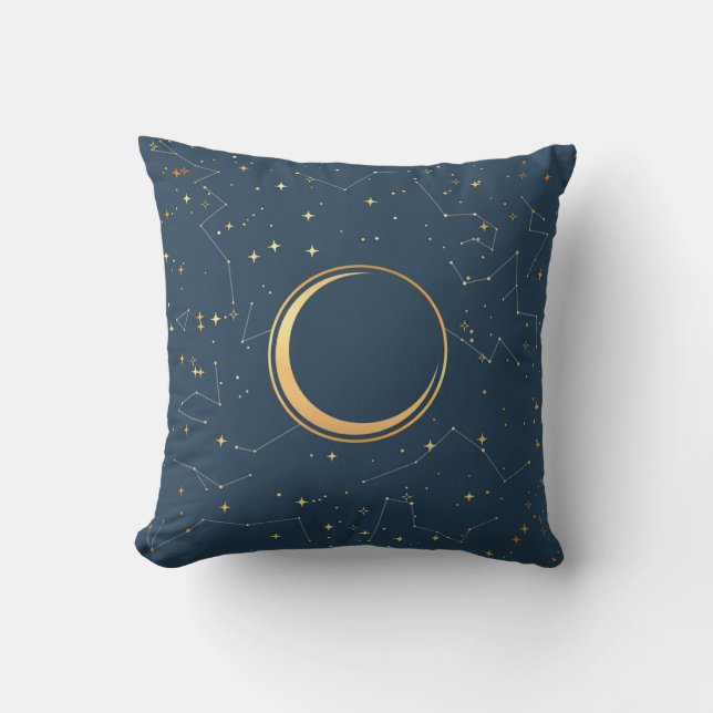 Navy and Gold Crescent Moon Eclipse Constellations Cushion (Front)