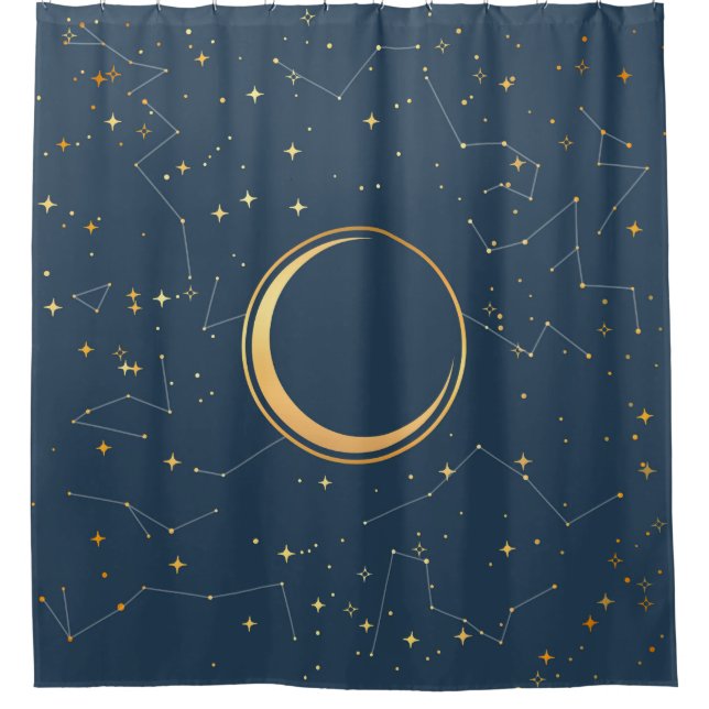 Navy and Gold Crescent Moon Eclipse Constellations Shower Curtain (Front)