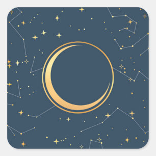 Navy and Gold Crescent Moon Eclipse Constellations Square Sticker