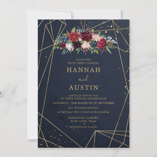 Navy and Gold Elegant Floral Wedding Invitation (Front)
