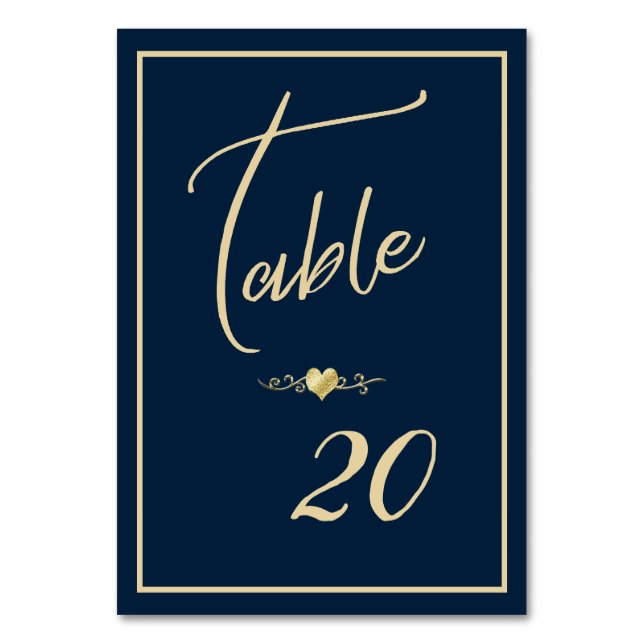 Navy and Gold Elegant Wedding Reception Table Number (Front)