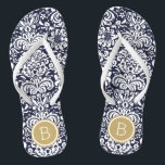 Navy and Gold Floral Damask Monogram Jandals<br><div class="desc">Custom printed flip flop sandals with a stylish elegant floral damask pattern and your custom monogram or other text in a circle frame. Click Customise It to change text fonts and colours or add your own images to create a unique one of a kind design!</div>