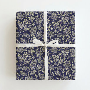Navy and Gold Floral Holiday Wrapping Paper