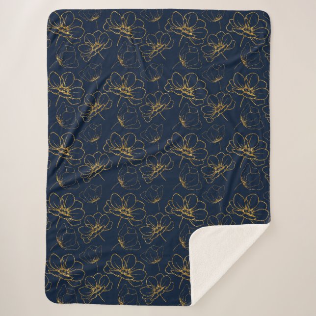 Navy and Gold Floral Sherpa Throw Blanket (Front)