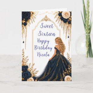 Navy and Gold Floral Sweet Sixteen Party Card