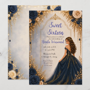 Navy and Gold Floral Sweet Sixteen Party Invitation
