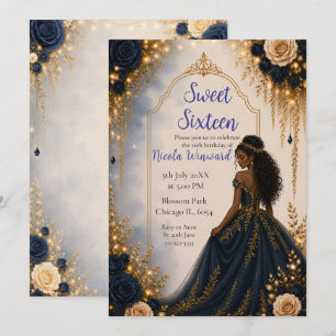 Navy and Gold Floral Sweet Sixteen Party Invitation