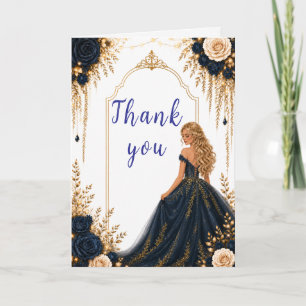 Navy and Gold Floral Sweet Sixteen Party Thank You Card