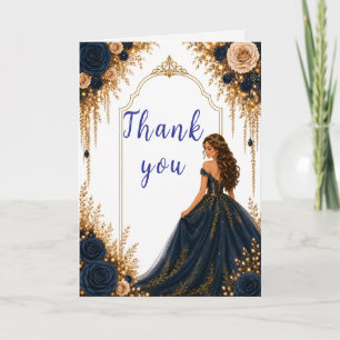 Navy and Gold Floral Sweet Sixteen Party Thank You Card