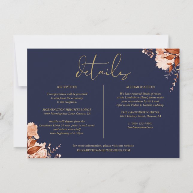 Navy And Gold Floral Wedding Details Information Invitation (Front)