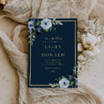 Navy and gold floral wedding invitation<br><div class="desc">lovely blue flowers with a gold frame and elegant text. The colours and text can be personalised.</div>