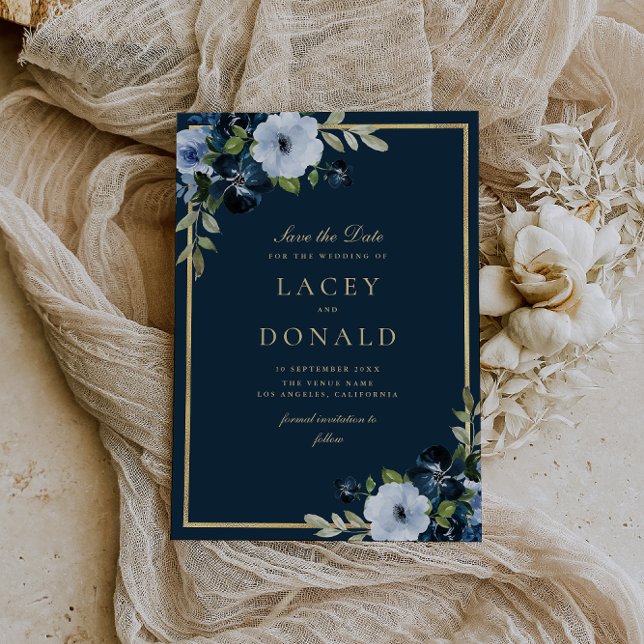 Navy and gold floral wedding invitation (Creator Uploaded)