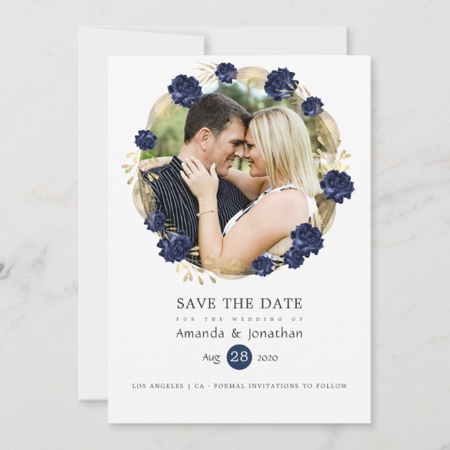Navy and Gold Floral Wedding Photo Save The Date (Front)
