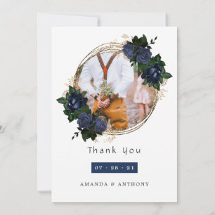 Navy and Gold Floral Wedding Photo Thank You Card