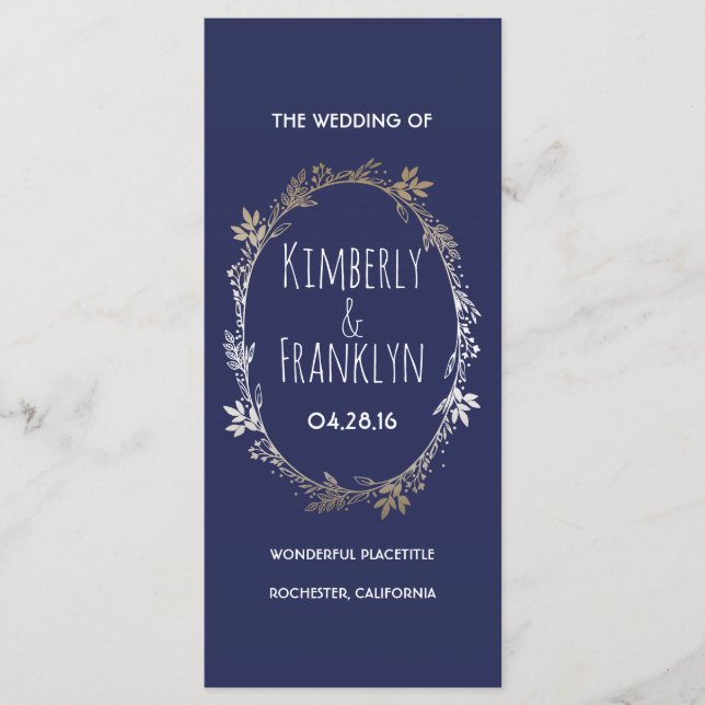Navy and Gold Floral Wreath Wedding Programs Programme (Front)