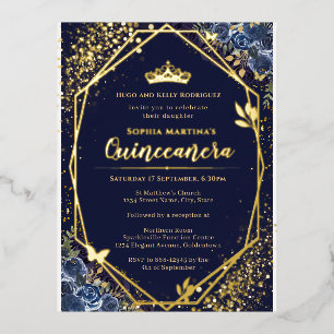 Navy and Gold Foil Quinceanera Postcard Invitation