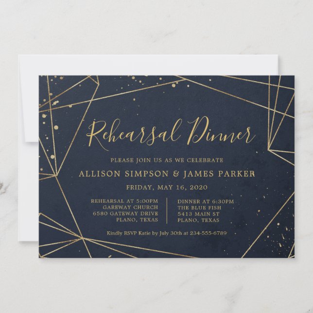 Navy and Gold Geometric Elegant Rehearsal Dinner Invitation (Front)