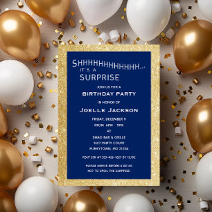 Navy and Gold Glitter Surprise Party Birthday Invitation