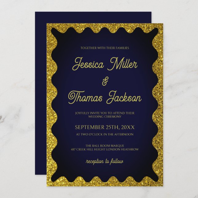 Navy and Gold Glitters Wavy Opulent Wedding Invitation (Front/Back)
