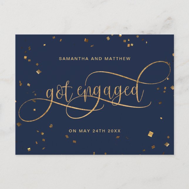 Navy and Gold, Got Engaged Confetti, Engagement Announcement Postcard (Front)