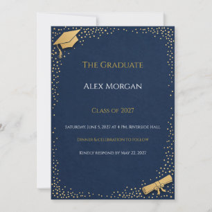 Navy and Gold Graduation Party Invitation with Cap