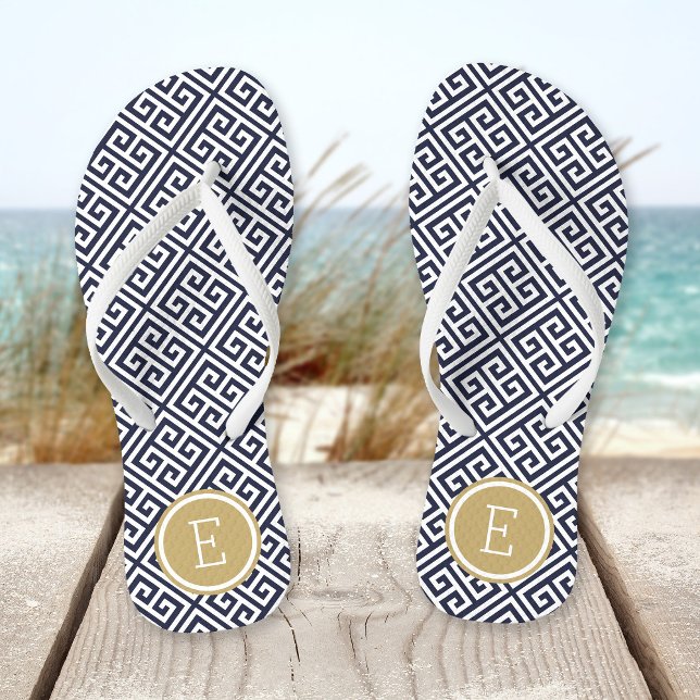 Navy and Gold Greek Key Monogram Jandals (Creator Uploaded)