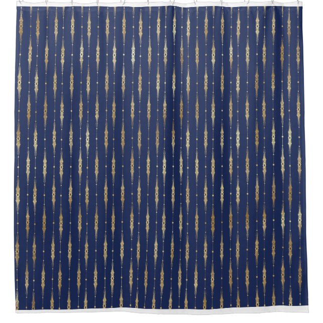 Navy and Gold Intricate Line Pattern Shower Curtain (Front)