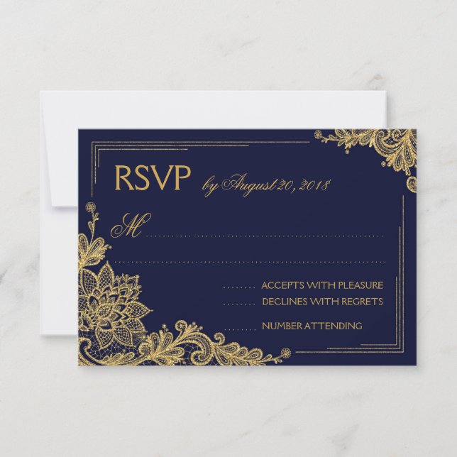 Navy and Gold Lace Elegant RSVP Card (Front)