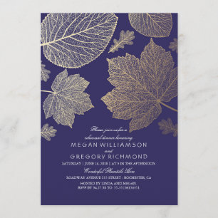 Navy  and Gold Leaves Fall Rehearsal Dinner Invitation