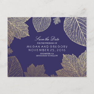 navy and gold leaves fall save the date announcement postcard