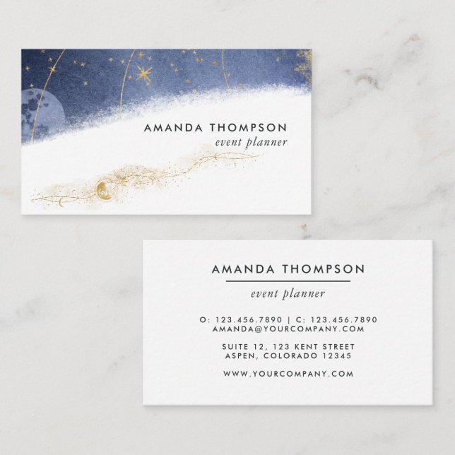 Navy and Gold Lunar Brush Strokes Business Card (Front/Back)