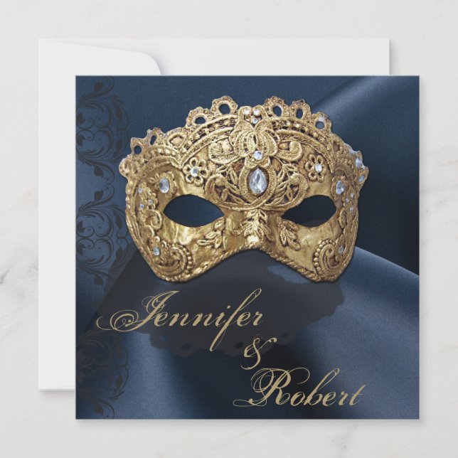Navy and Gold Masquerade Wedding Invitation (Front)