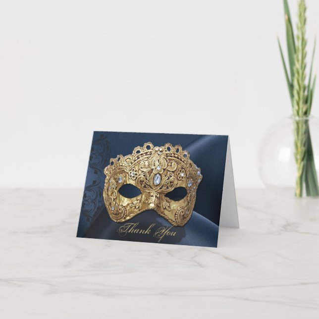 Navy and Gold Masquerade Wedding Thank You card (Front)