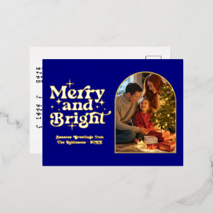 Navy and Gold Merry and Bright Retro Christmas Foil Holiday Postcard