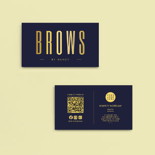Navy And Gold Microblading Brows QR Code & Logo Business Card