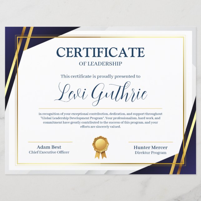 Navy and Gold Modern Leadership Certificate (Front)