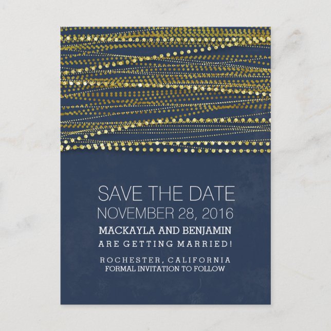 Navy and Gold Modern Save the Date Announcement Postcard (Front)