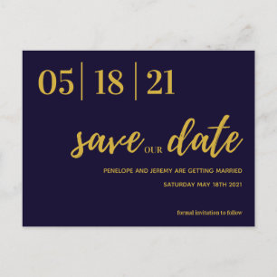 navy and gold modern script save the date postcard