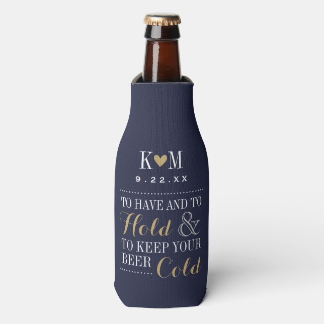 Navy and Gold Modern Wedding Monogram Bottle Cooler (Bottle Front)