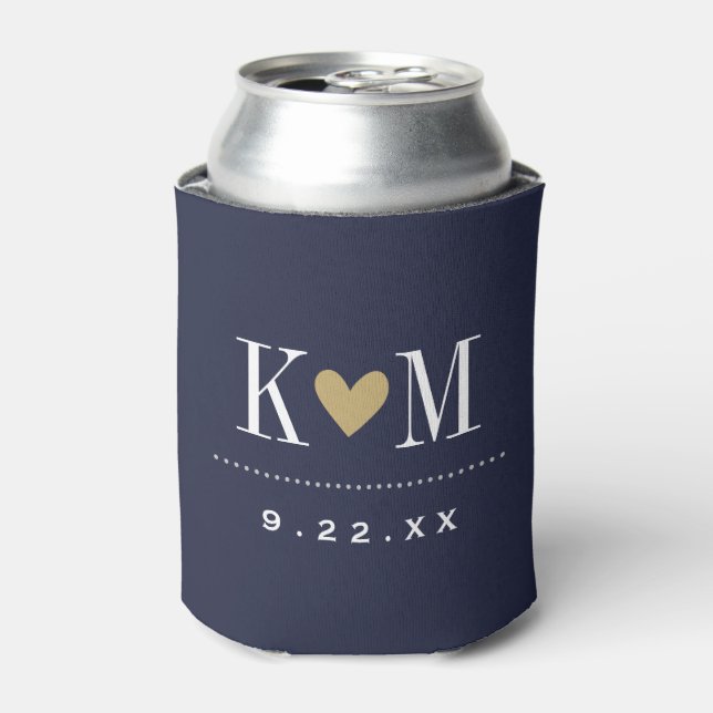 Navy and Gold Modern Wedding Monogram Can Cooler (Can Front)