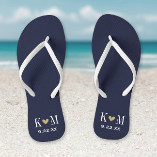 Navy and Gold Modern Wedding Monogram Jandals