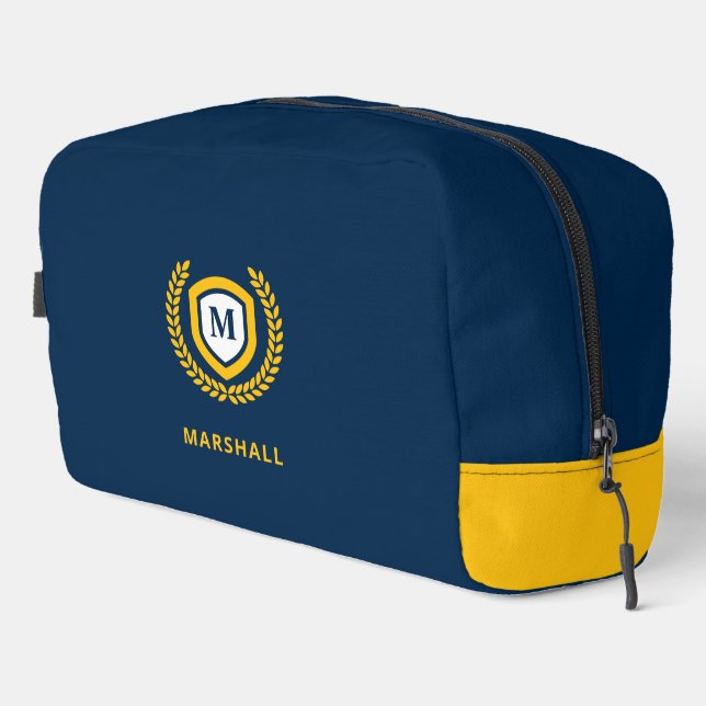 Navy and Gold Monogram Logo Crest Dopp Kit (Right Corner)