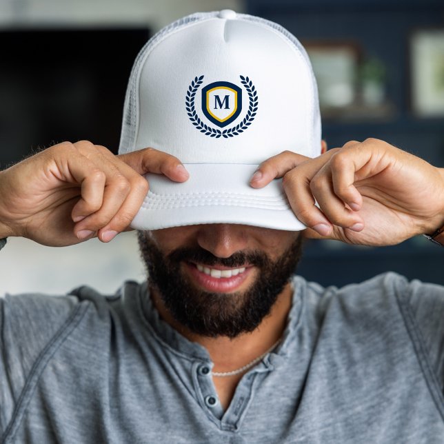 Navy and Gold Monogram Logo Crest Trucker Hat (Creator Uploaded)