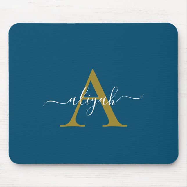 Navy And Gold Monogram Script Name Custom Mousepad (Front)