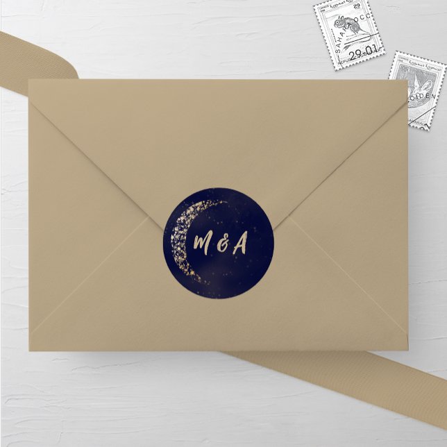 Navy and Gold Moon and Back Wedding Classic Round Sticker (Creator Uploaded)