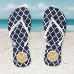 Navy and Gold Moroccan Quatrefoil Monogram<br><div class="desc">Custom printed flip flop sandals with a stylish Moroccan quatrefoil pattern and your custom monogram or other text in a circle frame. Click Customise It to change text fonts and colours or add your own images to create a unique one of a kind design!</div>
